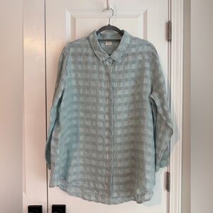Poetry Seersucker Button Down Linen & Cotton Shirt Ocean Ecru NEW Size 14 US